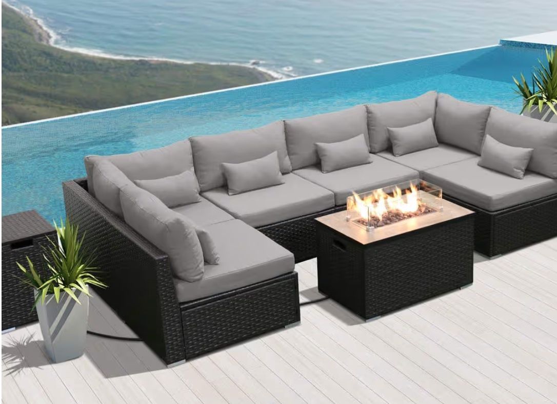 Outdoor Wicker Sectional Sofa with Gas/Propane Fire Pit Table Outdoor Patio Furniture Sets (Light Gra