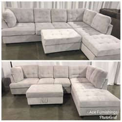 Brand New Grey Chenille Fabric Sectional With Storage Ottoman