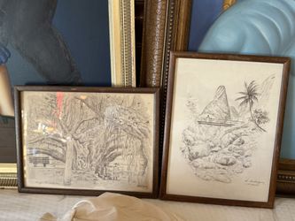 Original Pencil Drawing Signed Hawaiian Framed Art