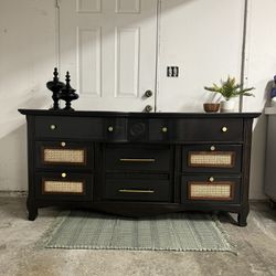 8 drawer refinished dresser with rattan, wood and gold accents 