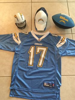 Chargers youth L jersey, cap, football, and mini helmet All new