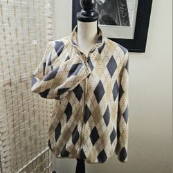 Argyle zip up Basic Editions size medium jacket grey tan cream with red hearts  and pockets soft like a fleece approximately ptp 19" length 24" 100% p