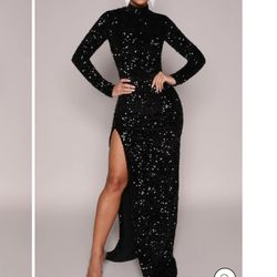 Black Sequin Long Sleeve Mock Neck Gown