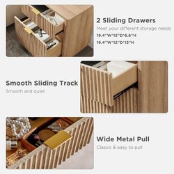 E68 $90  23'' Fluted Nightstand with Charging Station, Large 2 Drawer Bedside Table, Modern End Table with Storage, Mid Century Night Stand for Bedroo