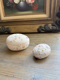 Pair of 2 Fine Bone China Pink Easter Egg Shaped Floral Trinket Boxes | Spring Home Decor 