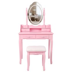 Pink Princess Vanity Desk Set with Mirror & Cushioned Stool,Light Modes,4-Drawer Wooden Makeup Vanity Table for Girls' Bedroom, Dressing Table with Am