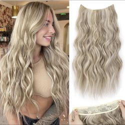 Human hair blend invisible wire hair extensions with 4 secure clips .