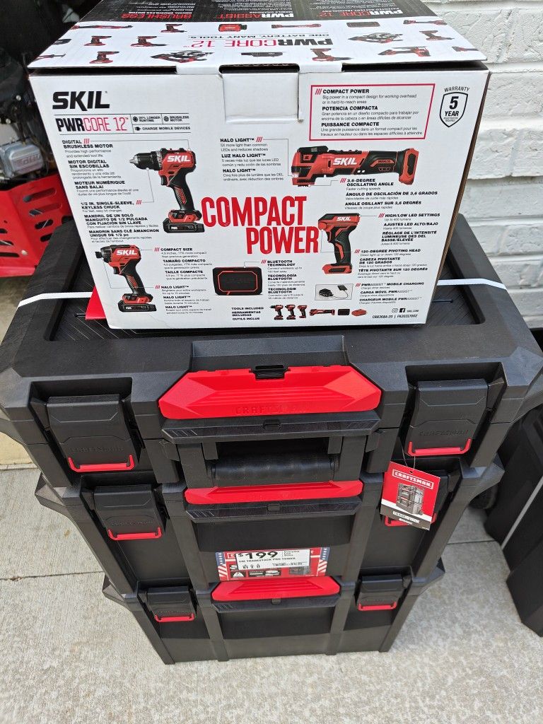 Skill Powertool Set Combo With Tradestack Tool Boxes Drills Impact Etc 