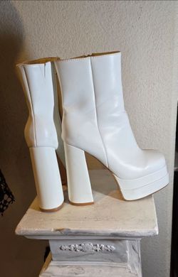 White Platform Block Heel Boots