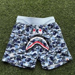A Bathing Ape Shark Camouflage Sweat Shorts Blue Logo Elastic Waist Pockets