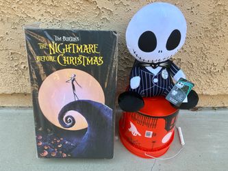 Nightmare Before Christmas VHS 50”x70” Throw and Jack Skellington Plush with a Halloween bucket
