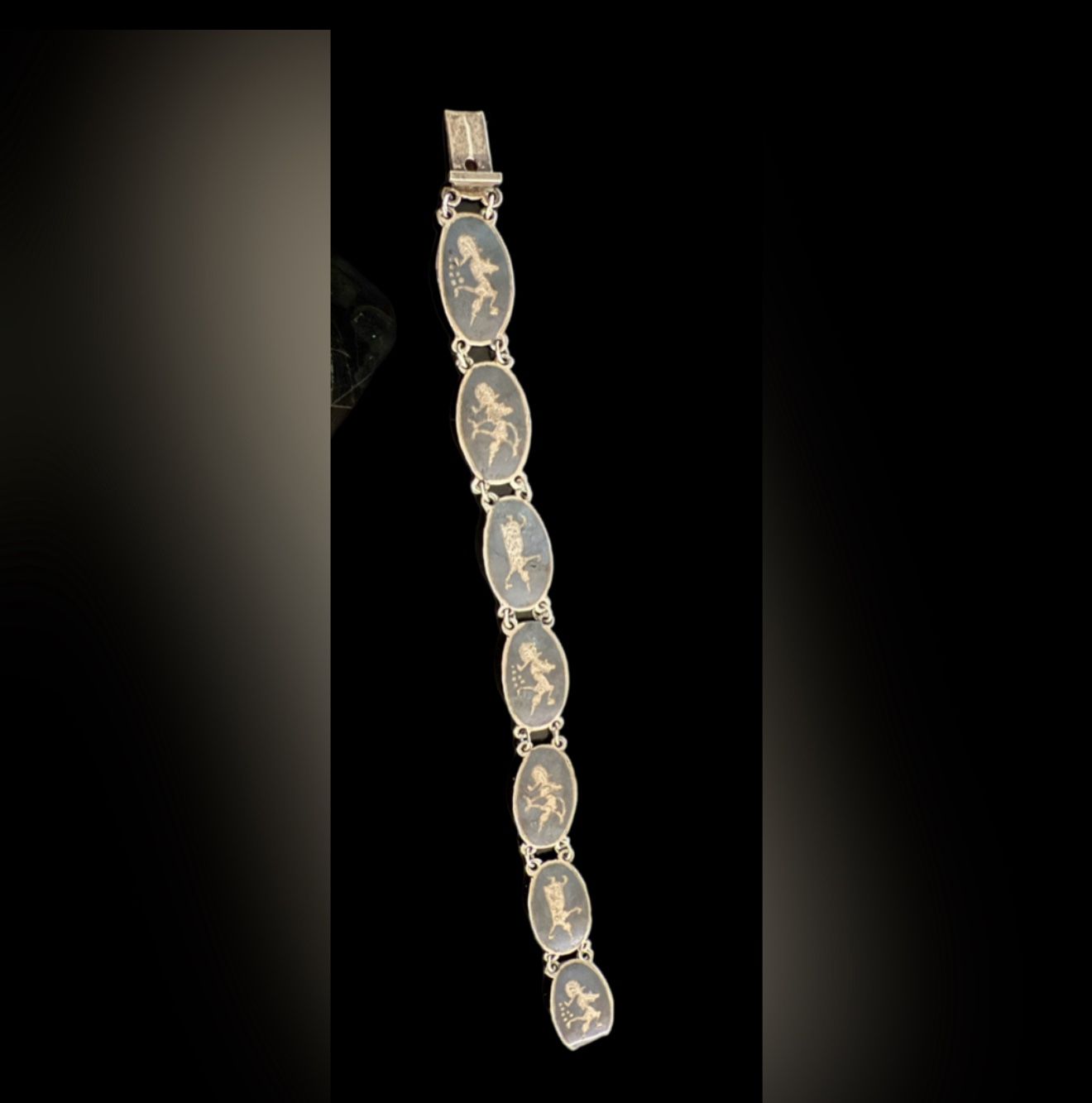 Vintage Siam Sterling Silver Black Niello Panel Bracelet 6.5" 