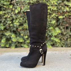 Valentino Garavani Rockstud black suede knee high heeled boots size 39.5 US 9.5