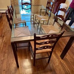 Glass Dining Room Table & 6 Antique Chairs