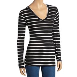 Zenana Outfitters Women's Black and White Stripe Long Sleeve Stretch Shirt - Med
