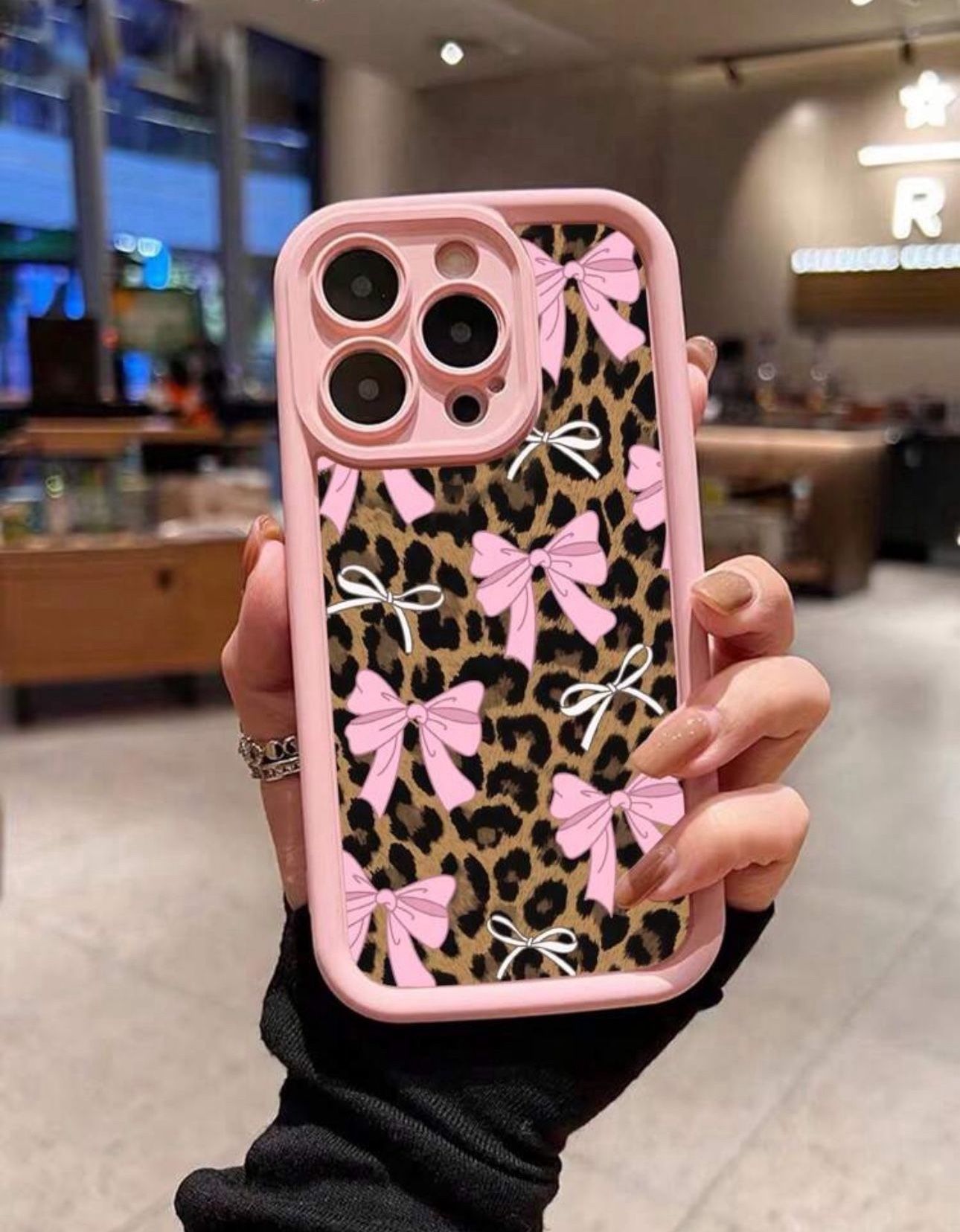 Pink Bow With Fashionable Leopard Print Full Protective Phone Case For iPhone 14 Pro Max 🩷