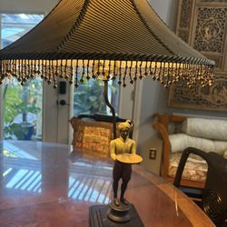 Vintage Figurine Table Lamp with Beaded Fringe Shade – Brass Finish