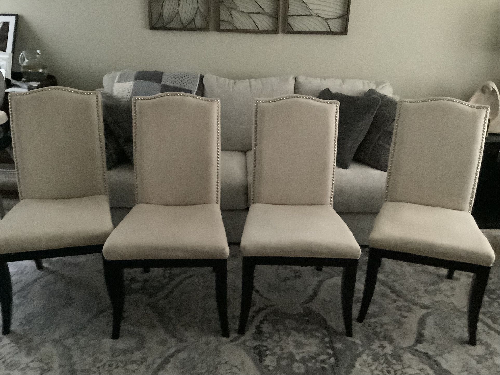 4 Silver Nailhead Beige Dining Chairs