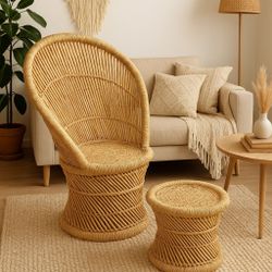woven wicker chair with a matching stool (or ottoman)