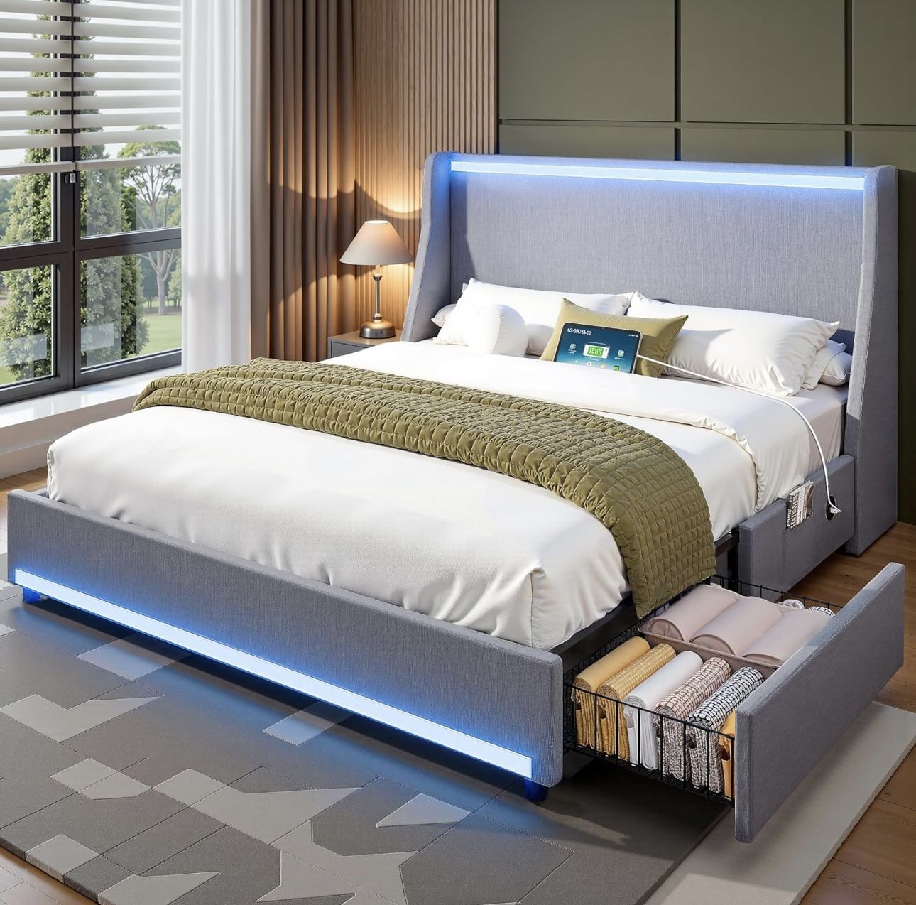 Brand New Full Size Bed Frame with Storage Drawers, WiFi/Remote controlled LED lights