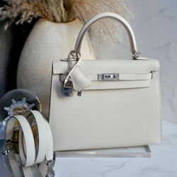 Hermes Kelly 25 Sellier Bag Nata Palladium Hardware Epsom Leather