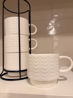 White Ceramic Stacking Mugs with Metal Rack