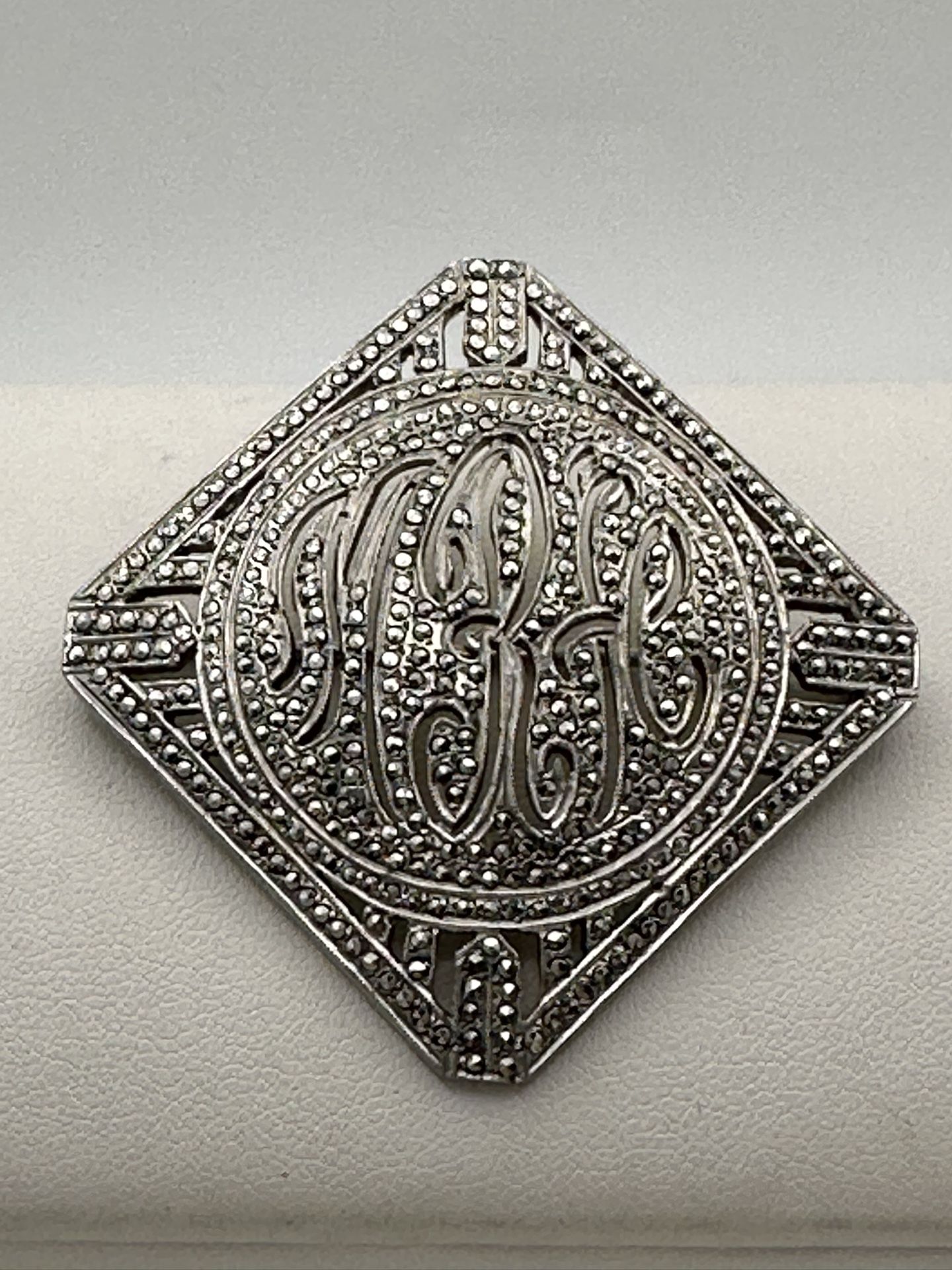 Vintage Sterling Silver Brooch Pin Marcasite Monogram MRH Heavy  18 Grams Great Condition 