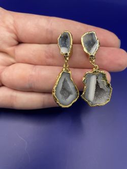 Druzy Agate Geode Slice Earrings Gold Electroplated Double Drop Dangle