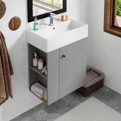 Assembled New Floating Bathroom Vanity with Sink Combo 22" Wall Mounted Cabinet with Wood Stripes