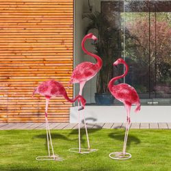 Set of 3 Lifelike Flamingo Garden Statues – Durable Iron Outdoor Décor, High-Temperature Painted for Home, Yard, or Wedding