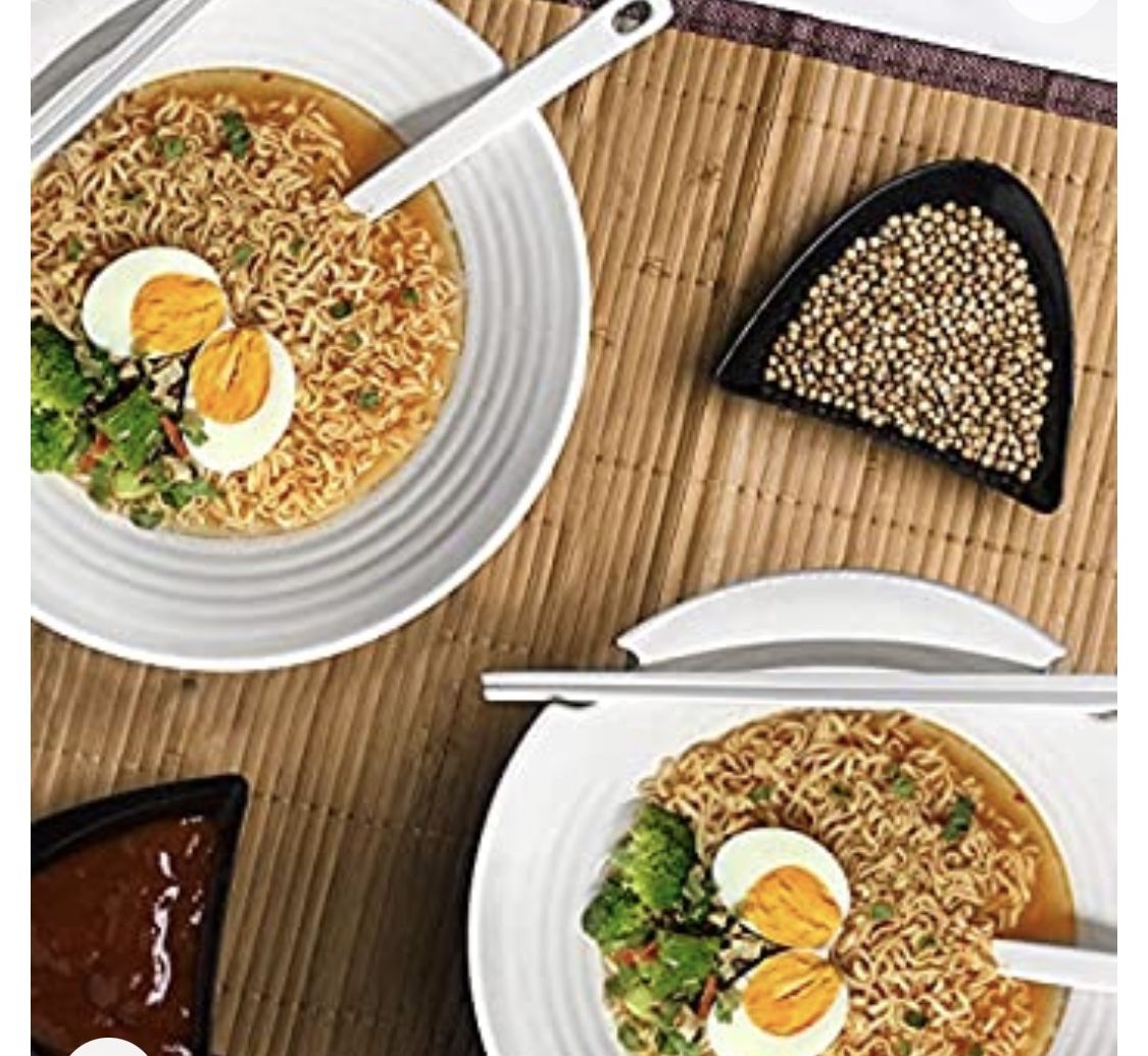 2 Sets of Ramen Bowl (White Melamine), 6pcs, 37oz Soup Bowls with Chopsticks and Spoons Set