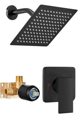 Black Shower Faucet Set, 8 Inch Square Wall Mounted Rainfall Shower Head with Rough-in Valve Body, Modern Bathroom Shower Trim Kit, Stainless Steel Si