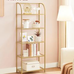 New 5-Tier Storage Rack Bookshelf Bookcase Steel Frame and Curved Design, Tempered Glass, Gold