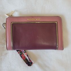 Michael Kors Adele Leather Double Zip Wallet Bifold Clutch Two toned Pink