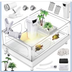Small Turtle Tank Kit(Tank+Light+Filter), Acrylic Turtle Tank Starter Kit with Bask Platform,