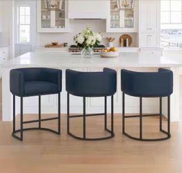 Set Of 4 32.5 in. H Navy Blue and Black Barstool Low Back Metal Frame Counter Height Bar Stool with Faux Leather Seat (Set of 3)
