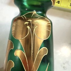 Stunning Art Nouveau Green Satin Glass Gold Guilt Flowers Leaves Vase 7.25” T  