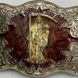 Santa Muerte Mexican belt Buckle red Gold Silver Heavy (READ DESC)