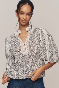 Anthropologie Cape Sleeved Lace Trim Blouse