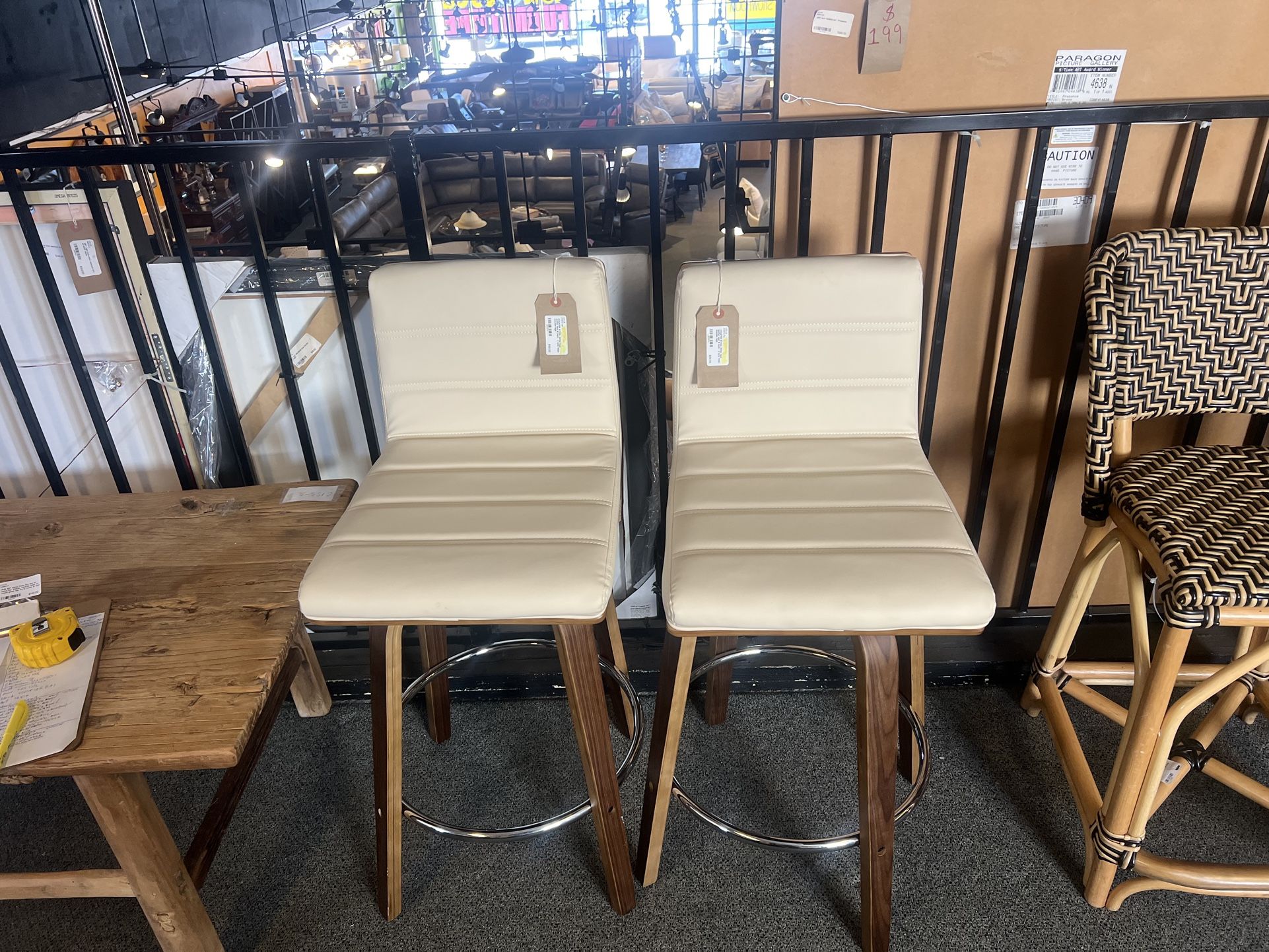 COUNTER STOOL: White faux leather seat & back - 2 tone finish wooden legs $99.00 XD3ZC4