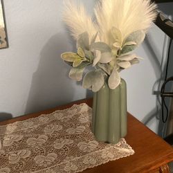 Olive Green Ceramic Vase With Feathers And Lambs Tongue