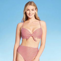 Shade & Shore Women's Lined Tie-Front Textured Red and White Bikini Swim Top