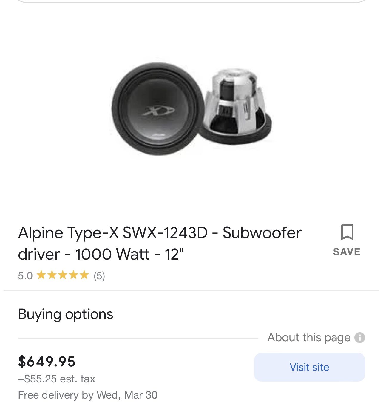 Subwoofer  Alpine SWX -1243D