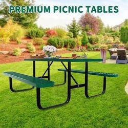 New Outdoor 72” Thermoplastic Coated Rectangle Steel Picnic Tables 6-Person with Umbrella Hole