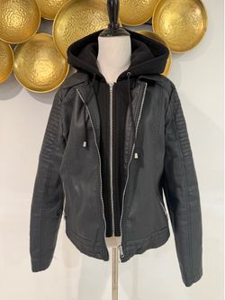 Black jacket - pleather with faux hooded sweater insert