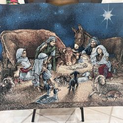 CHRISTMAS NATIVITY SCENE TAPESTRY WITH WOODEN HANGER - BEAUTIFUL ! 