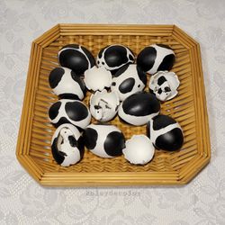 Handmade Cow Print Decorative Eggs with Wicker Tray Set Farmhouse Country Decor
