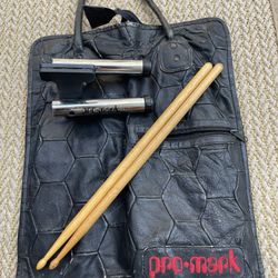  Leather Patchwork Stick Bag  W/ Pair Of sticks, ,& clip on stick holder. If You’re A Promark Fan/collector this ( 1 Of A Kind?) Bag may be  for you