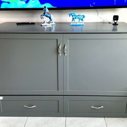 Hamilton Full Grey Murphy Bed Chest with Memory Foam Folding Mattress Built-in Charging Station & Storage Drawer