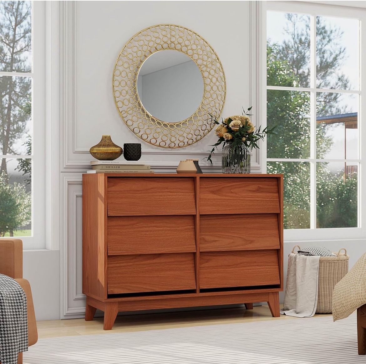 6 Drawer Dresser for Bedroom, 39" Mid Century Modern Dressers, Vintage Wood Dresser, Modern Double Dressers Storage Organizer for Entryway, Hallway, L